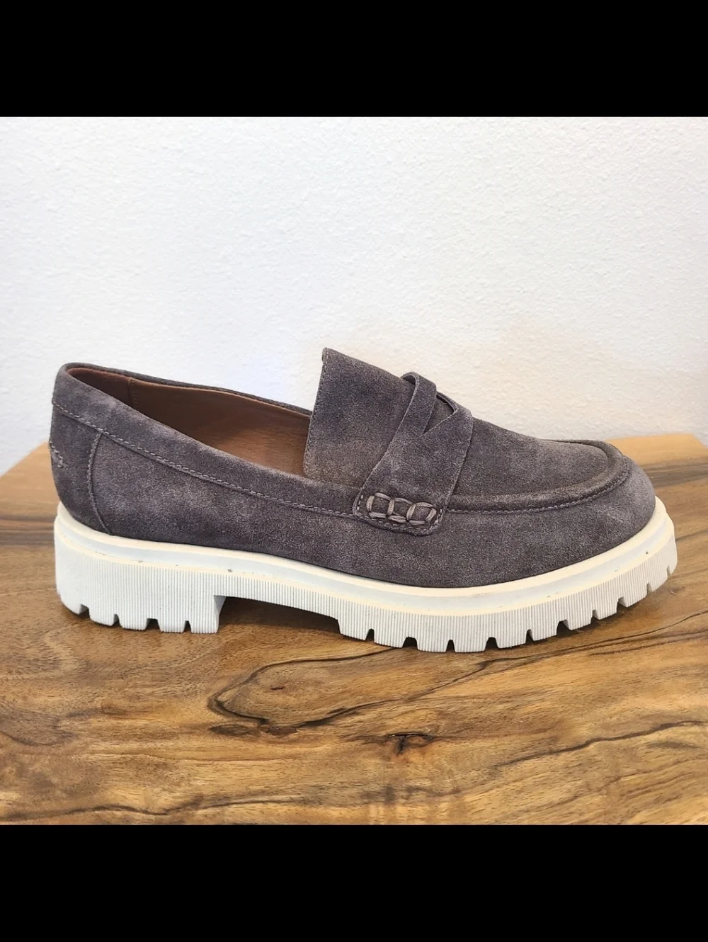 Aquatalia Orina Gray Suede Lug Sole Loafers